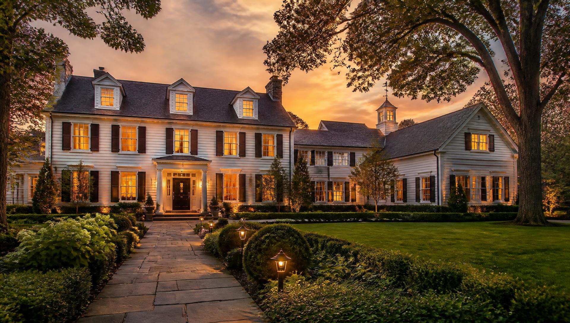 Luxury New England colonial estate at golden hour